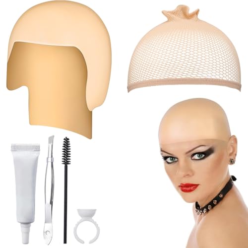 Berretto calvo in lattice, con Retina per Capelli e Strumenti per Indossarla, Pelata Finta, Parrucca Pelata, Testa Calva, Bald Cap per Adulti, Cappello Pelato per Costumi di Carnevale Halloween