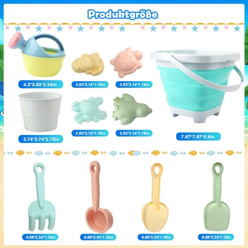 MOKIDO 11 Stück Sandspielzeug Strandspielzeug Kinder, Sandkasten Spielzeug mit Faltbarer Eimer, Sandspielzeug Set, Schaufel, Sandförmchen, Gartenspielzeug ab 1 2 3 4 5 Jahre Mädchen Junge Geschenke