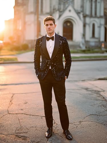 Pyiujtr Men's Sequins Velvet Shawl Lapels Stage Party Prom Wedding Dinner Suit Jacket Blazer2