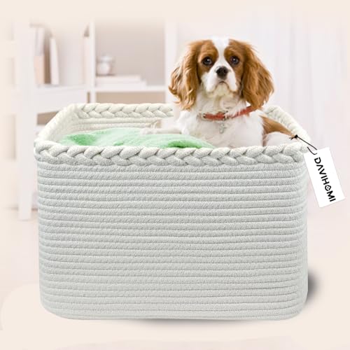 Image of Rectangular Woven Cotton Rope Basket for Organizing, Gift Baskets for Handles, Empty Gift Baskets, Medium Rope Basket|13.5 inch x 11 inch x 9.5 inch home decor for Toys,Towels, Pillows,Clothing（White）