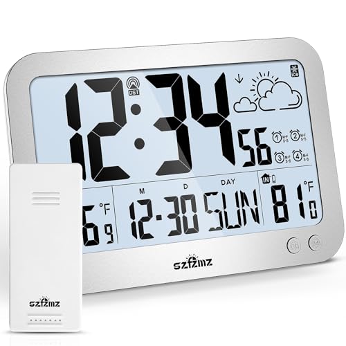 Atomic Clock, 10 Digital Clock Large Display, Wall Clocks Battery Operated with Backlight, Wireless Outdoor Sensor, Alarm Clock Indoor Outdoor Temp, 4 Time Zones, Auto DST, Clock for Bedroom (Sliver)