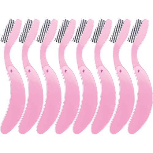 8 Pieces Folding Eyelash Comb - Eyebrow and Eyelash Makeup Brush with Stainless Steel Teeth (Pink)