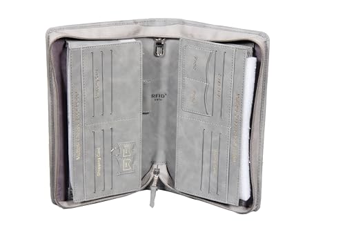 Image of Sukeshcraft Multiple Cheque Book Holder | Original PU Holds Upto 8 Cheque Books, Locker Key Hook, 2 Photo Slots, 1 Pin-Sim Slot, 13 Credit /Debit Card Slots with Matching Zipper (PU -2Tone Grey