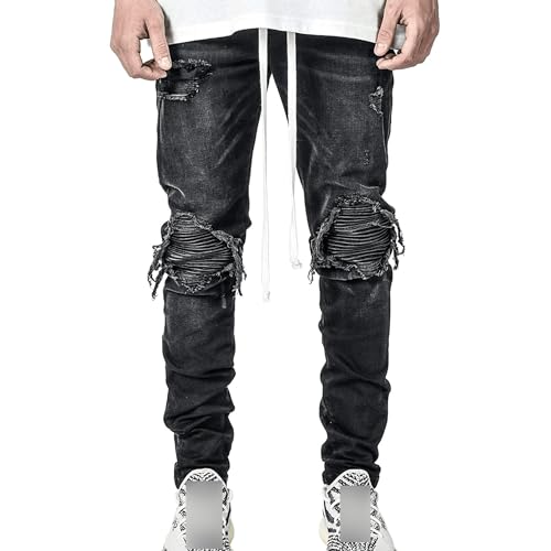 Men's Drawstring Waist Ripped Jeans Casual Outdoor Cotton Jeans Pants Distressed Cargo Denim Pant2