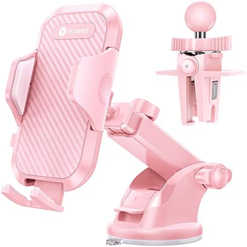 VICSEED Newest Phone Mount for Car [Patent Design] Hands-Free Car Phone Holder Mount Dashboard Windshield Air Vent Long Arm Armor Level Suction Cell Phone Holder Car for All Mobile Phones, Sleek Pink