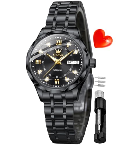 Image of OLEVS Womens Diamond Watches Automatic Mechanical Gold Luxury Dress Ladies Self Winding Original Stainless Steel Wrist Watch