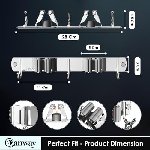 Image of CANWAY 2 Pieces Stainless Steel 2 Racks with 3 Hook Heavy Duty Wall Mounted Broom and Mop Stick Holder, Hanging Tools for Home Kitchen Garden Laundry Garage