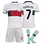 2022 NEU Portugal Ronaldo Nr.7 Fußballtrikot,Trikot-Set,Jersey Set,T-Shirts Shorts Trikot-Set Kinder Erwachsene Mit Socken,Kinderfußball-He(Size:28,Color:Away/No.7 Ronaldo(2021 Socks))