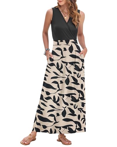 Image of AUSELILY Womens Maxi Dress Summer Sleeveless Wrap Long Dresses with Pockets | V-Neck Wrap Sleeveless Sundress, fits formal, casual, beach, vacation & daily wear
