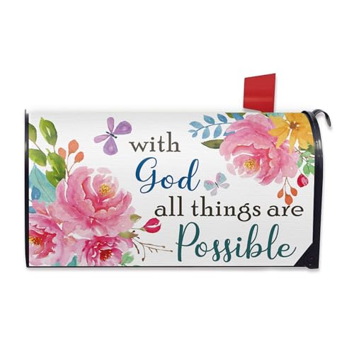 Image of Spring Summer with God All Things are Possible Mailbox Cover Magnetic Standard Size 20.5 inchx18 inch, Religious Peony Flower Post Letter Box Wrap Decor Inspirational Outdoor Garden Yard Decoration