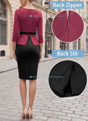 Image of VFSHOW Womens Pleated Crew Neck Peplum Slim Work Business Bodycon Dress | 3 /4 Sleeves, Professional Elegant Church, Funeral, Spring Fall, Fitted Office Pencil Sheath Dress