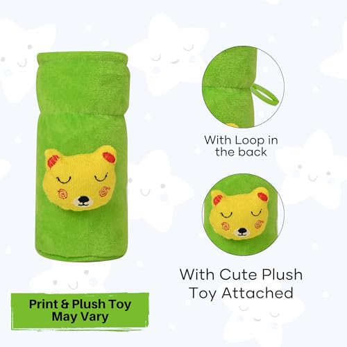 Image of Soft Plush Stretchable Baby Feeding Bottle Cover Easy to Hold Strap with Cute Animated Cartoon| Suitable for 60-125 Ml Feeding Bottle (Green-Yellow)