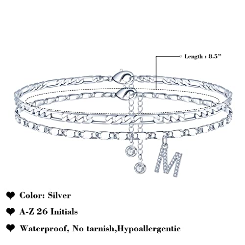 Image of Ursteel Ankle Bracelets for Women, 14K-Gold-Plated Dainty Layered Chain CZ Initial Anklets Set Summer Jewelry Gifts for Women