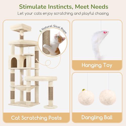 Image of Globlazer Extra Large Platform Cat Tree, 65in Tall Sturdy Cat Tree for Indoor Cats Large Adult, Big Cat Tower for Big Cats with 3 Enlarged Perches, 6 Scratching Posts, Cat Condo, Hammock, S65, Beige
