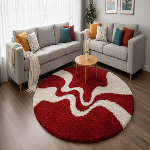 Image of Vintage Threads (Red 3D 4x4 Ft Shaggy Carpet for Living Room & Bedroom | Ultra Soft Plush Long Pile Rug | Thick Fluffy 3D Modern Floor Carpet | Cozy Luxury Home Decor Rug