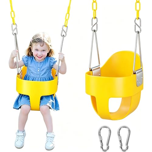 Image of DECORLIFE Toddler Swing - High Back Full Bucket Seat for Ages 1-3, 330lb Capacity, Baby Infant Swing Outdoor with Safety Design, Plastic-Coated Chains, Carabiners for Backyard, Garden-Yellow