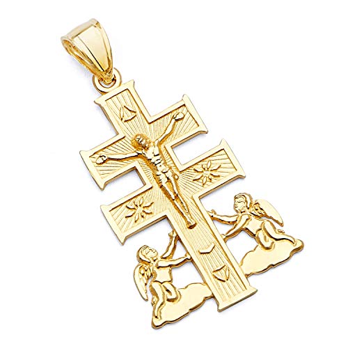 14k REAL Yellow Gold Religious Cross of Caravaca Charm Pendant