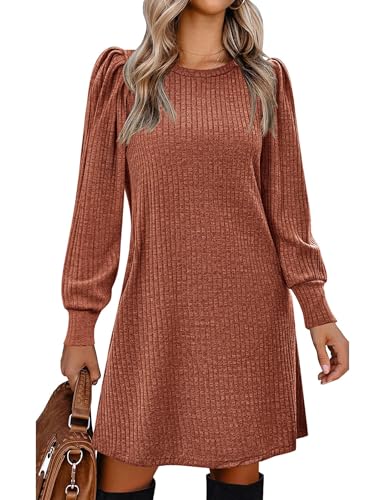 Women Tunic Long Sleeve Ribbed Knit Sweater Dress Crewneck Puff