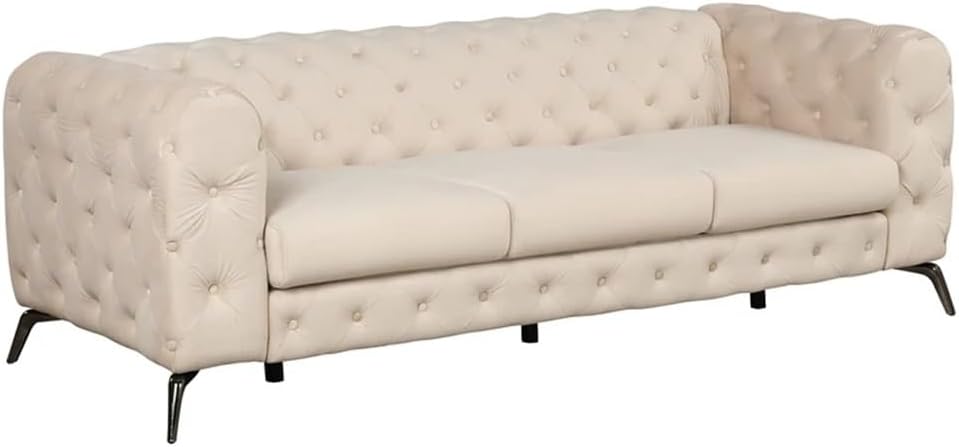 85.5" Velvet Upholstered Sofa with Sturdy Metal Legs, Sofa Couch with Button Tufted Back, 3 Seater Couch Beige
