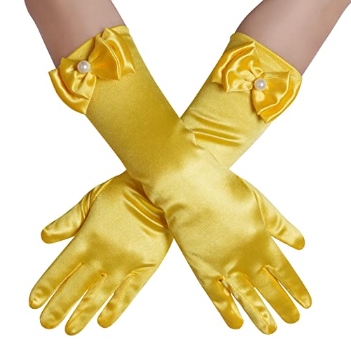Yolyoo Girls Princess Gloves,Girl White Long Satin Princess Dress Up Diamonds Bows Gloves for Birthday,Wedding, Costume Party