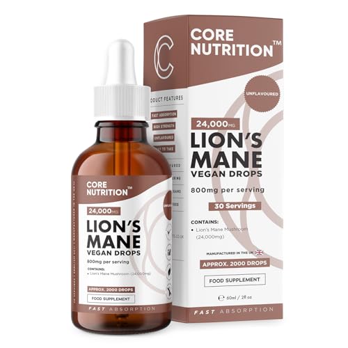 Lions Mane Supplement Liquid Drops by Core Nutrition - High Strength of 24,000mg per 60ml Bottle - Vegan - 1 Month Supply of Lions Mane Extract - Made in UK