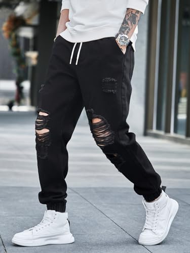 OYOANGLE Men's Drawstring Waist Ripped Denim Jeans Streetwear Distressed Jogger Cargo Pants with Pocket3