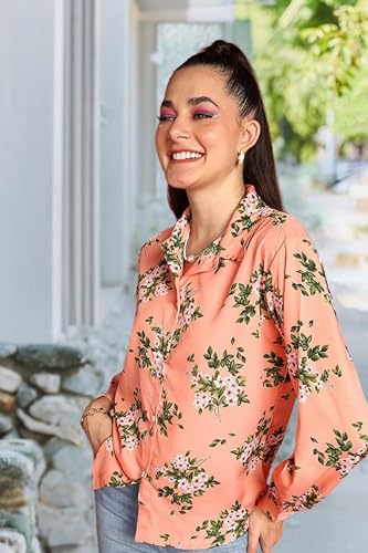 Image of POPWINGS Women Casual Sky Blue Floral Printed Shirt | Collar Button Shirt | Full Sleeve Shirt | Trendy Shirt | Regular Casual Shirt