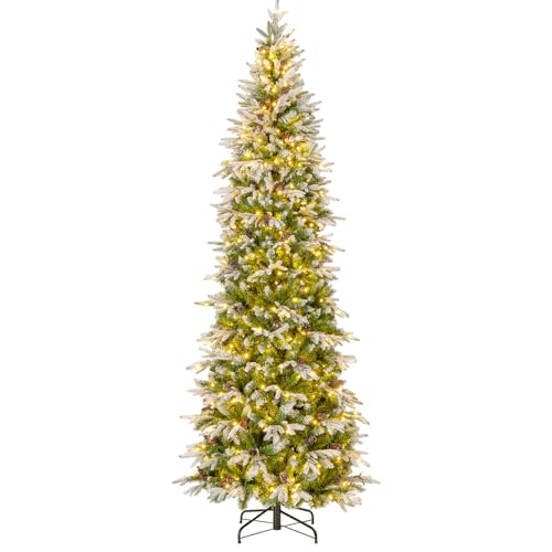 Christmas Tree Snow Flocked, Slim Artificial Xmas Tree With 1310 Branch Tips, 470 Led Lights, 98 Natural Pine Cones, Hinged Holiday Decoration Tree For Home Office