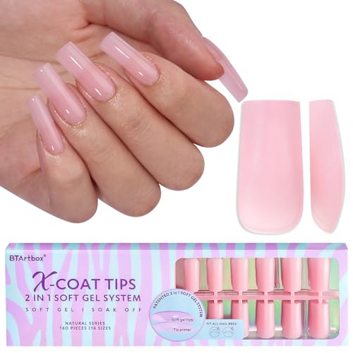 BTArtbox XCOATTIPS Pink Press On Nails, Long Square, 160 Pcs
