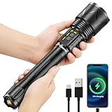 AKISONG X928 70W XHP360 LED Zoomable Tactical Flashlight 600m Long Range Beam, 10,000 High Lumen Rechargeable Waterproof Flashlight with Safety Hammer & USB Output for Camping Hunting Patrol Search