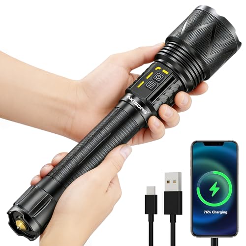 AKISONG X928 70W XHP360 LED Zoomable Tactical Flashlight 600m Long Range Beam, 10,000 High Lumen Rechargeable Waterproof Flashlight with Safety Hammer & USB Output for Camping Hunting Patrol Search