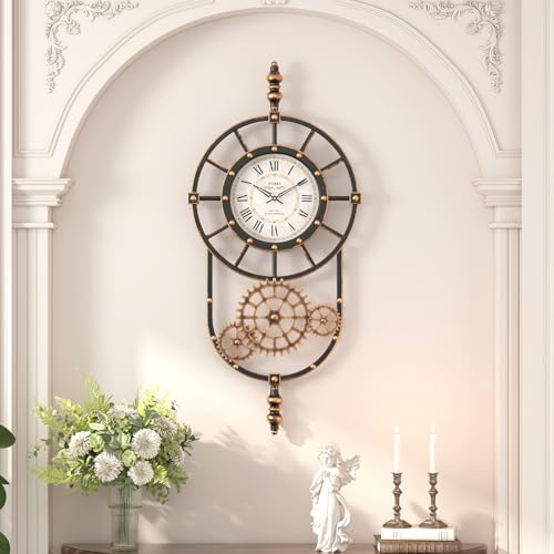 ChimeTide Large Industrial Steampunk Decor Vintage Wall Clock, Antique Gold Black Metal Wall Clocks for Living Room Farmhouse (23" H x 14" W)