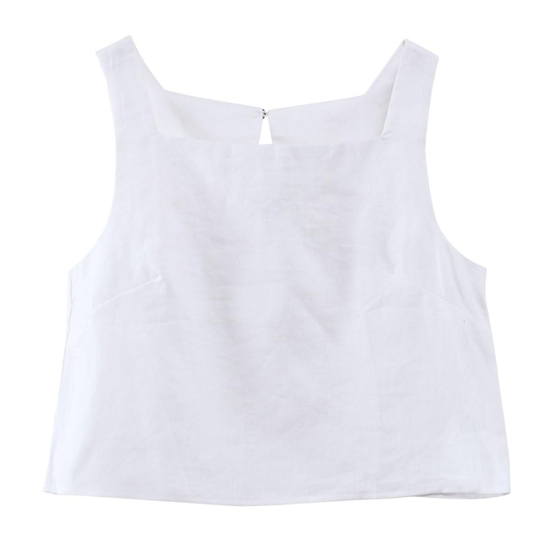 Amazhiyu Blusa corta de verano 100 % lino para mujer, cuello cuadrado, sin mangas, espalda con abertura en la espalda