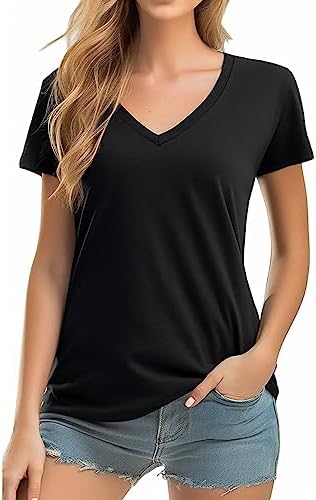 QUALFORT V Neck T-Shirts for Women Short Sleeve Soft Lightweight ...