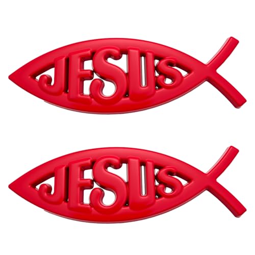 Image of Christian Cross Fish Auto Emblem, Jesus Fish Car Emblem, Weatherproof Christian Symbol Ichthus Cross Decal, Chrome Sliver Badge Bumper Stickers Car Accessories for Most Vehicles (Jesus-Red)