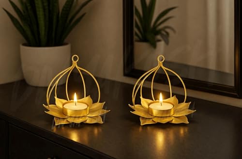 Image of Divyakosh Brass Lotus T-Light Wax Candle Holder Set of 4 (10 x 10 cm) | Hanging Tealight Holder for Home Decor, Diwali, Puja, Temple, Wedding & Festive Decoration