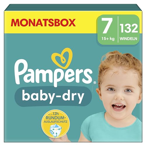 Pampers Windeln Größe 7 (15kg+) Baby-Dry, Extra Large, MONATSBOX, bis zu 12 Stunden Rundum-Auslaufschutz, (1er Pack) 132 Stück