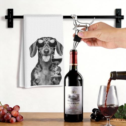Image of Dachshund Wine Kitchen Towels with Wine Bottle Stopper 24x14 Inch, Dachshund Gifts Reusable Dish Towels for Kitchen Bars Decor, Wines Gift Weiner Dog Gifts for Women Men Christmas Birthday Gift