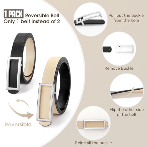 Women Reversible Belt Fashion Faux Leather Ladies Thin Waist Belt for Jeans Pants Dresses with Square Buckle2