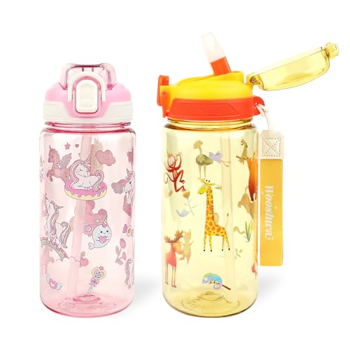 wooshwa Botella para Beber Campus Pop-up, 600ml Deportiva Botella Agua Niños con Pajita, Sin BPA y Apta para Lavavajillas (Animales Amarillos y Unicornio Rosa Niña)