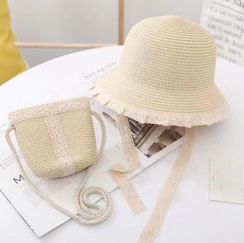 Kids Sun Hat Girls Lace Straw Hat Bucket Cap with Mini Cross Body Straw Bag Summer Beach Straw Hat Outdoor Travel2