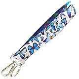 Butterfly Print Keychain - Wrist Key Fob - Cute Purple & Blue Butterflies on White - 1 Inch Wide - 6