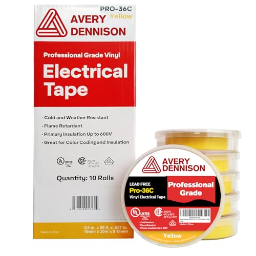 Image of Avery Dennison Electrical Tape, 10 Rolls Professional Grade PVC Electric Tape, UL /CSA Listed in x 66 ft Insulating Vinyl Tape for Electrical, Repairs, Automotive and Equipment, Pro-36C, Yellow