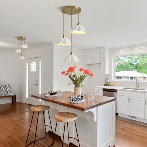 Image of 3 Light Pendant Light Minimalist Style Ceiling Hanging Lamp Retro White Wave Ceramic Lampshade Brass Finish Ceiling Light for Kitchen Island Bedroom Bedside