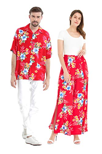 Matchable Couple Hawaiian Luau Shirt or Wide Legged Pants in Hibiscus Red