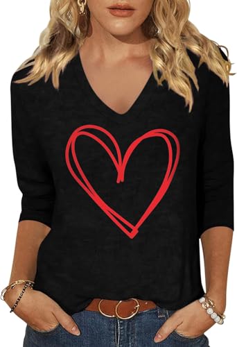 Image of Woffccrd Womens 3 /4 Sleeve V Neck T-Shirts Valentina's Day Spring Shirts Love Heart Printed Graphic Tees