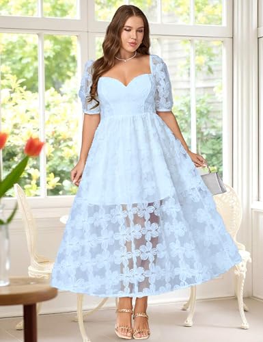 Image of EYWOL Formal Wedding Guest Cocktail Party Floral Embroidered Dress M-3XL | Embroidered,Floral,Sheer A-Line,Maxi,Sweetheart Neckline,Puff Sleeves,Tie Back, Parties,Wedding,Formal,Cocktail,Occasions