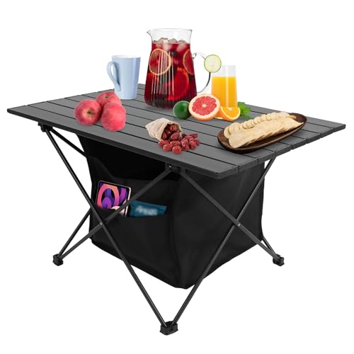 TeqHome Portable Camping Table, Camping Table Foldable with Basket Storage and Carrying Bag, Ultralight Aluminum Alloy Beach Table for Camping Picnic BBQ Beach Party