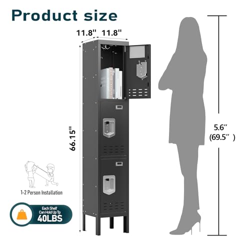SAPITAL Metal Locker with 3 Doors Employees Locker, Metal Storage Locker with Hooks, 66\" Storage Cabinet Lockers for Employees, Home, Office, Gym Requires Assembly (Black)