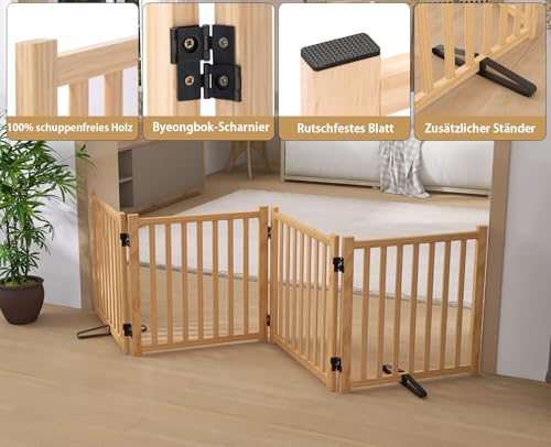 Pshelfy Hundeabsperrgitter aus Holz 4 Paneelen 58cm Höhe - Freistehend & Faltbar, 360° Drehbar für Tür, Treppe, Flur als Welpen-Gitter & Kinderschutzgitter (BxH: 234 cm x 58 cm, Naturholz)